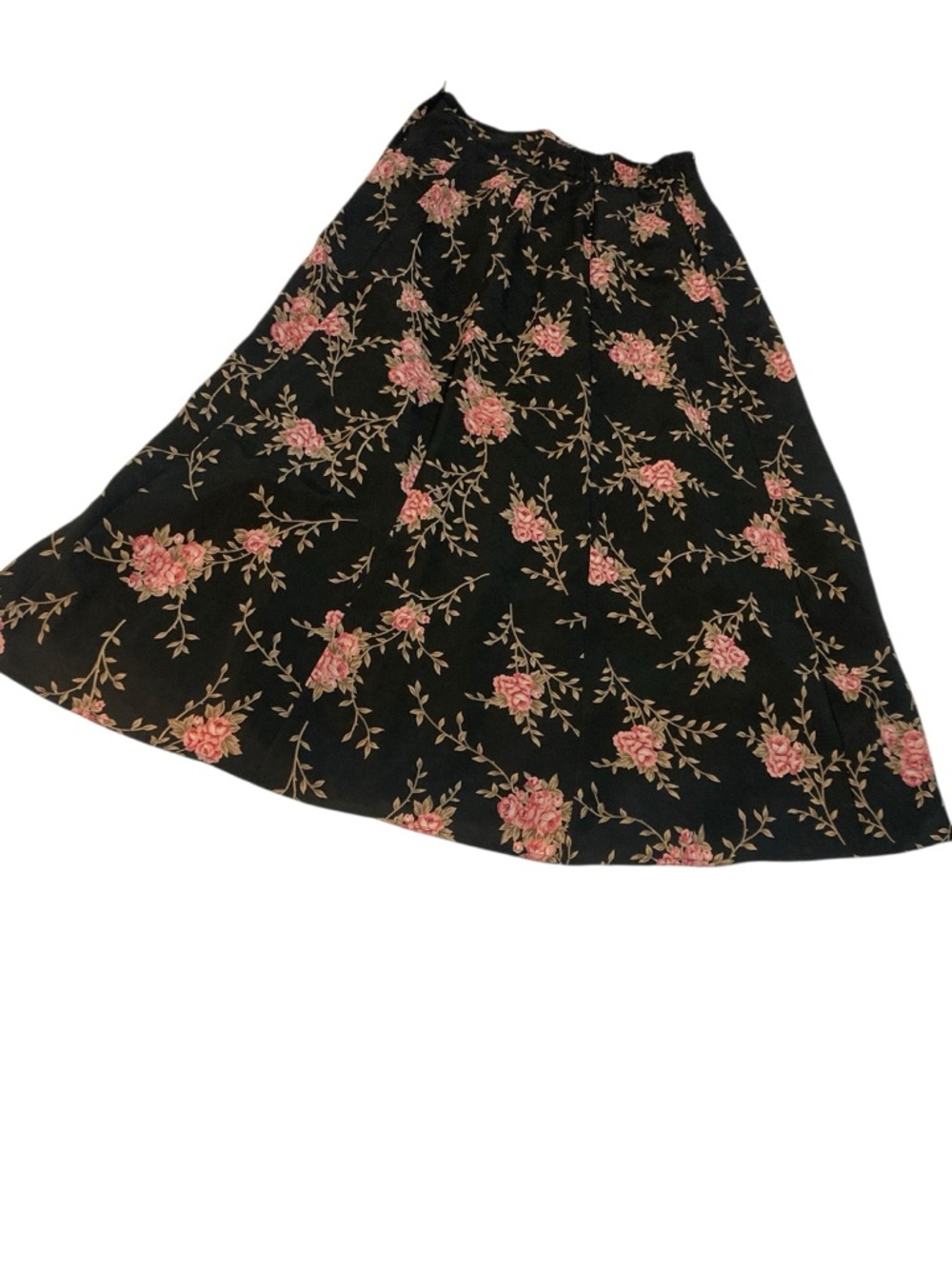 VTG RAPHAELA Black Floral Midi Skirt-GORGEOUS Pink Rose Print! Size 12